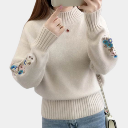 Thick women's sweater with floral embroidery